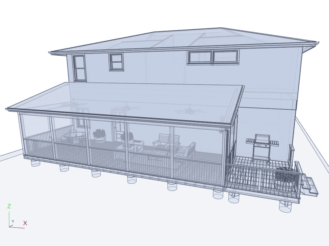 Elevated house deck with outdoor seating and grilling area, ideal for outdoor entertaining and relax.