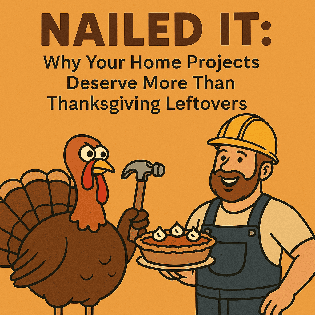Humorous illustration of a man with a turkey and a pie, emphasizing home improvement and holiday the.