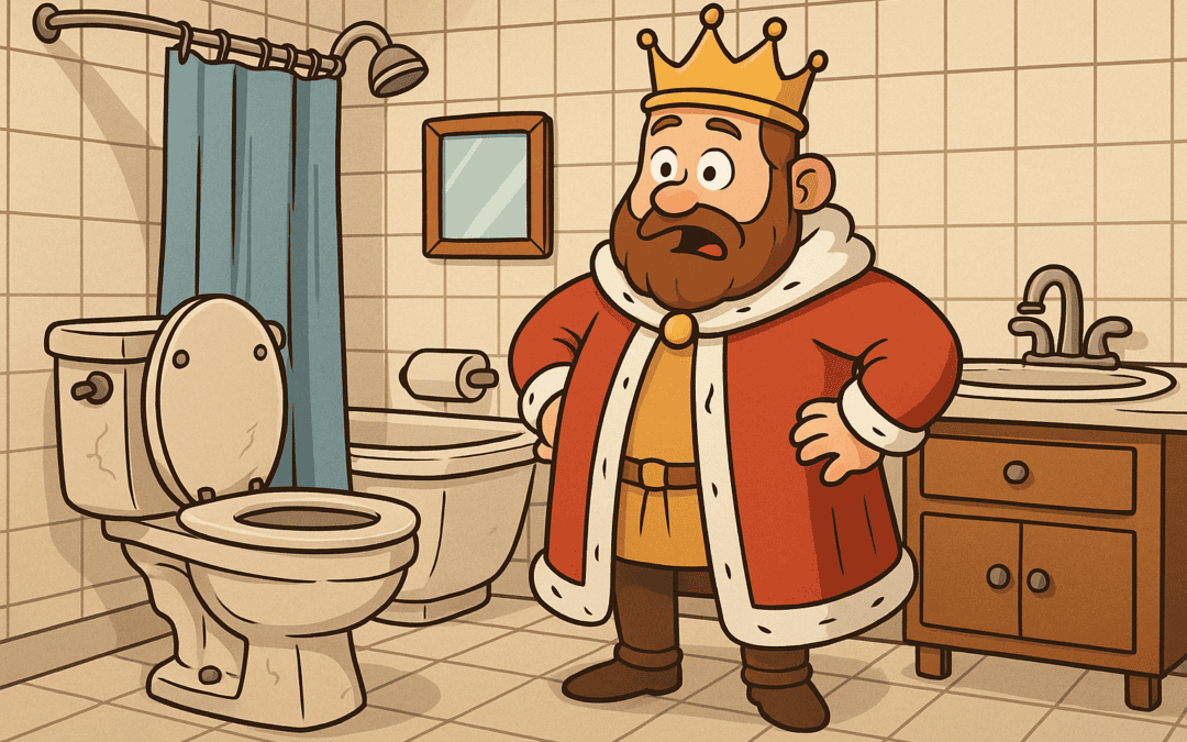 King in bathroom with toilet and sink, cartoon style.