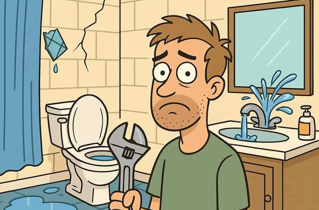 Man fixing leaking bathroom pipe with wrench.