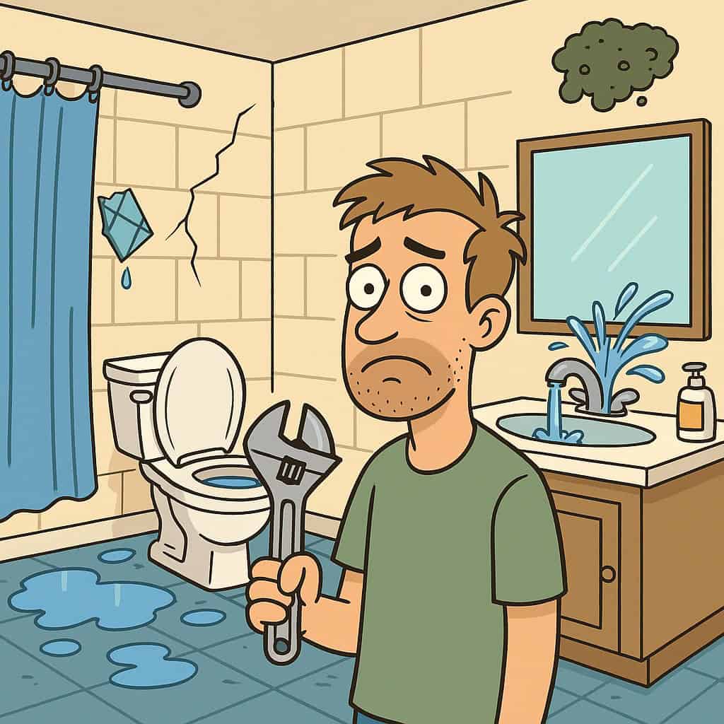 Man fixing leaking bathroom pipe with wrench.