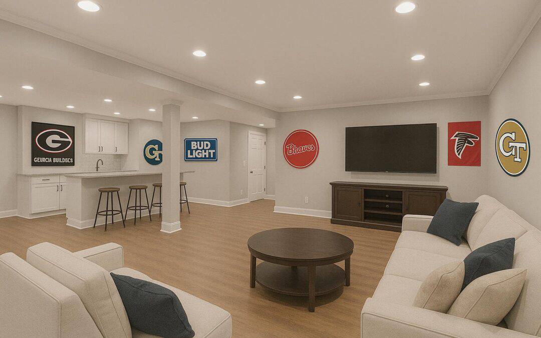 Cozy basement lounge featuring NFL team logos, a large TV, and comfortable sofas for relaxing and en.