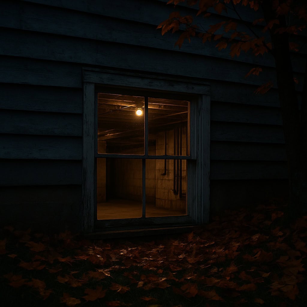 Home construction window at dusk with warm interior lighting.