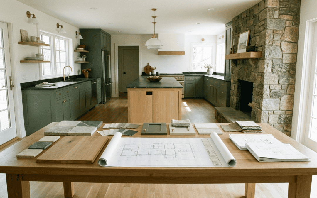 Spacious modern kitchen with green cabinets, stone fireplace, and central island for cooking and bar.