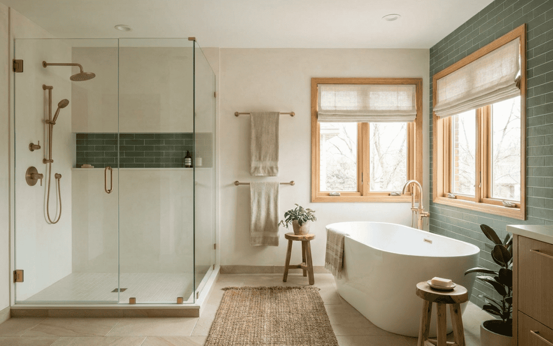 Bright modern bathroom with walk-in shower and freestanding tub, natural light, and green accents.