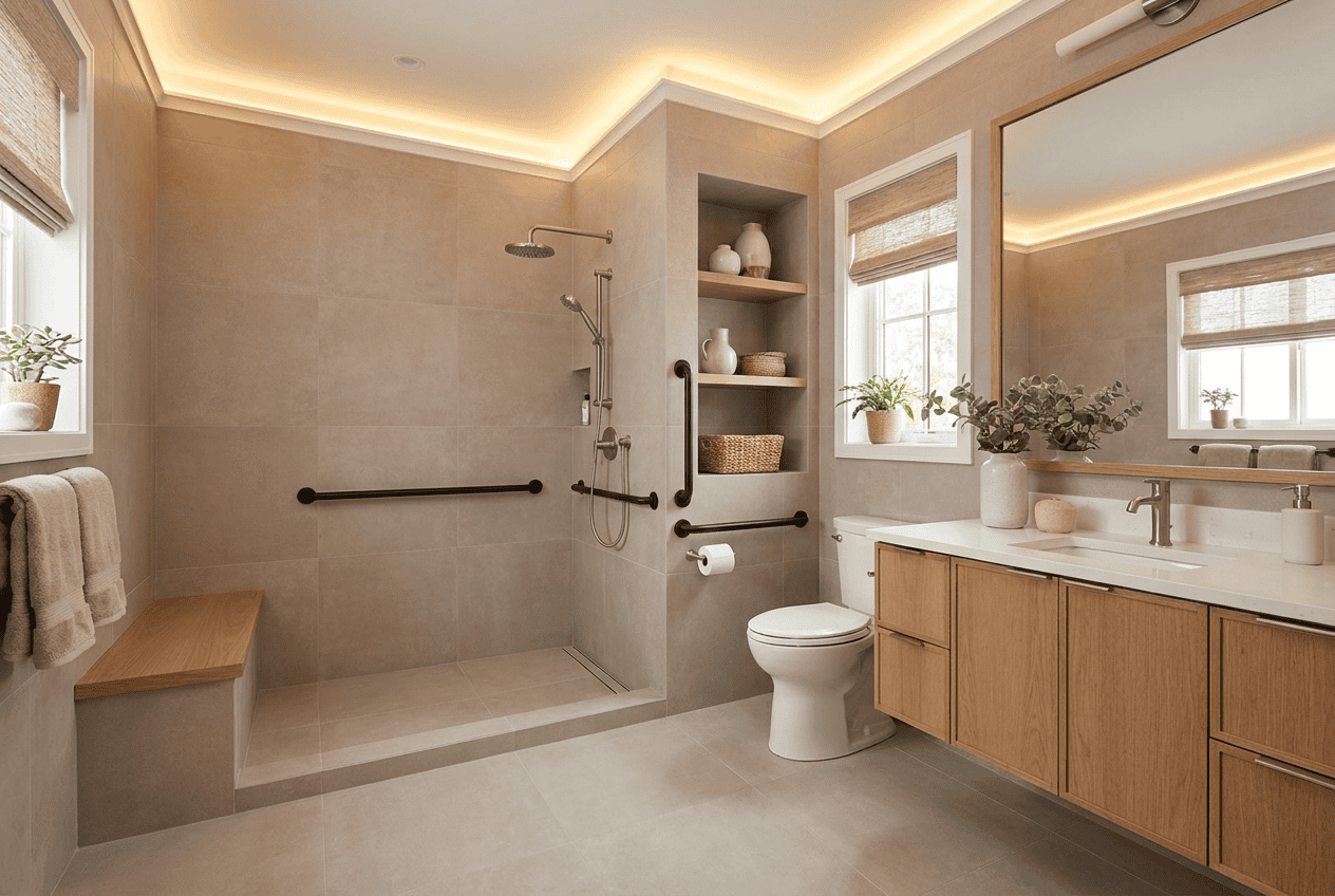 Spacious modern bathroom with walk-in shower, double vanity, and natural light.