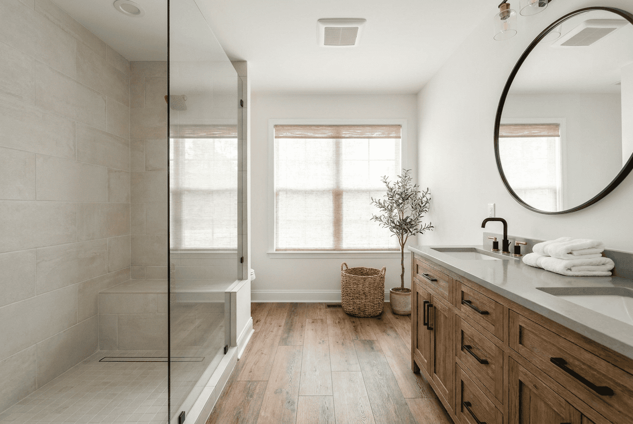 Bright modern bathroom with walk-in shower, wooden vanity, and large windows for natural light.