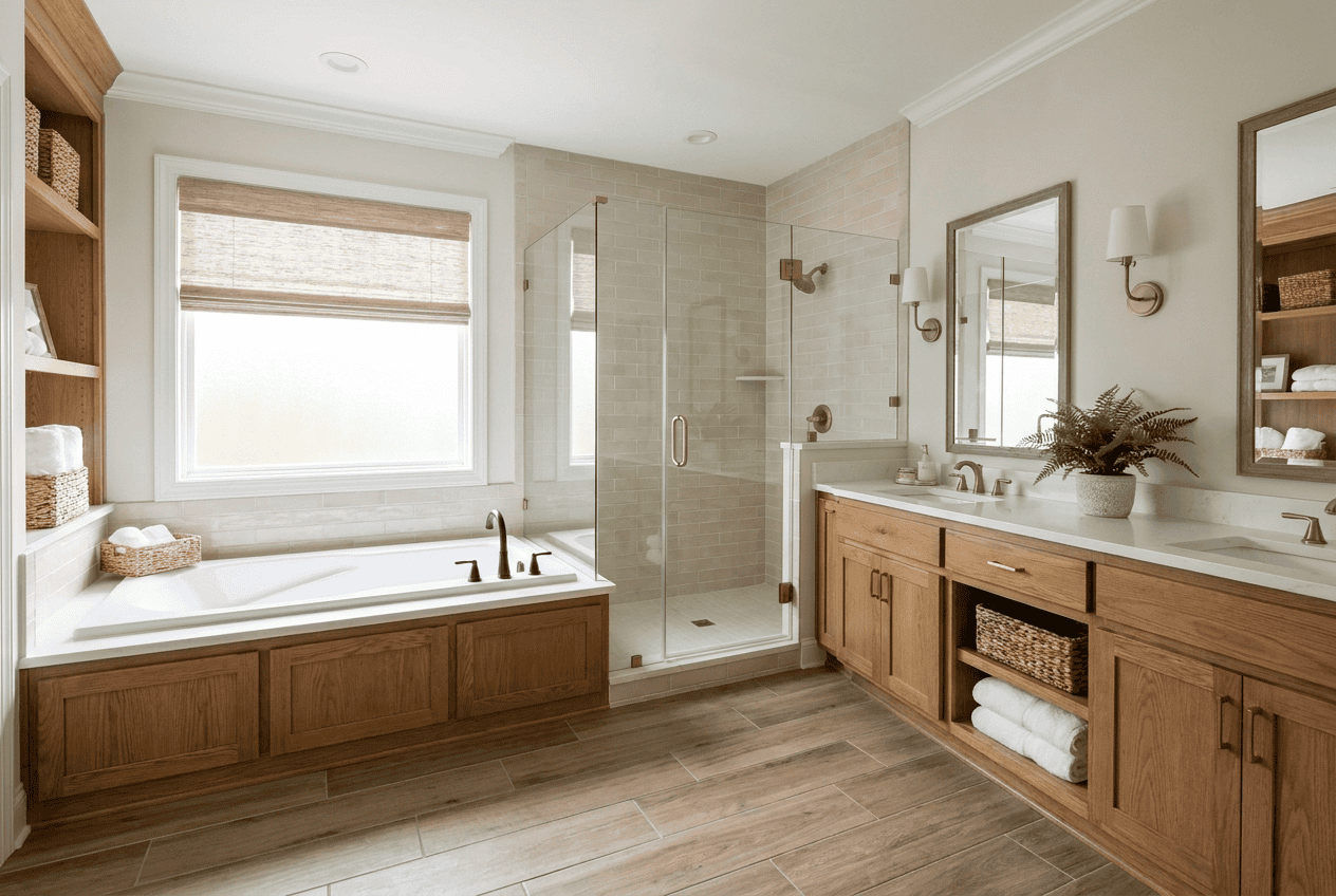 Modern bathroom with walk-in shower, bathtub, and wooden cabinetry for a luxurious look.